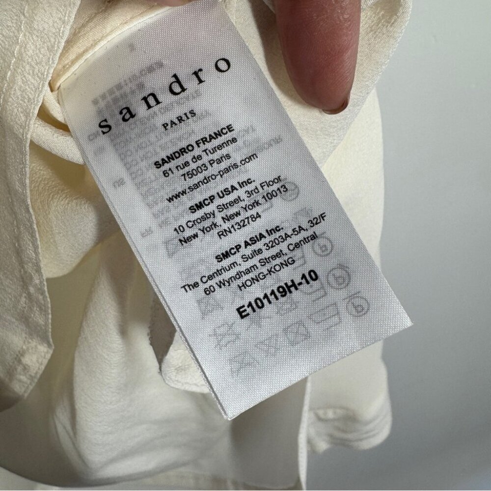 Sandro Paris Ivory Silk Blouse Size M Long Sleeve Minimalist V Neck Top - Picture 8 of 15